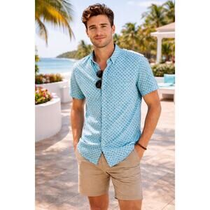 Eight Avenue Aqua Print Button Up Shirt Men’s Small Cotton Short Sleeve Pocket